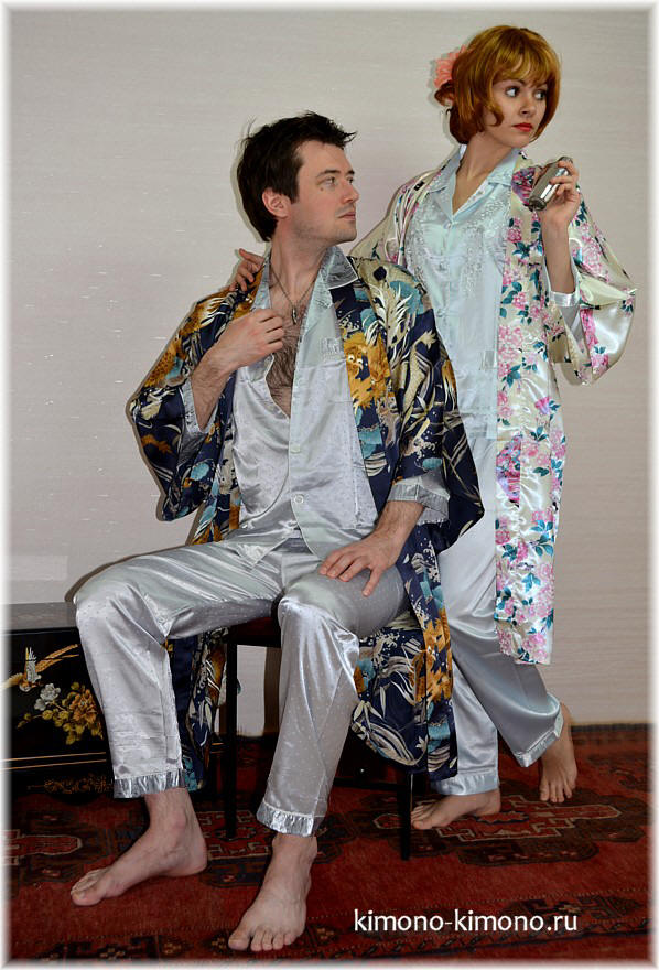 мужской короткий халат- кимоно, шелк 100%, цвет темно-синий