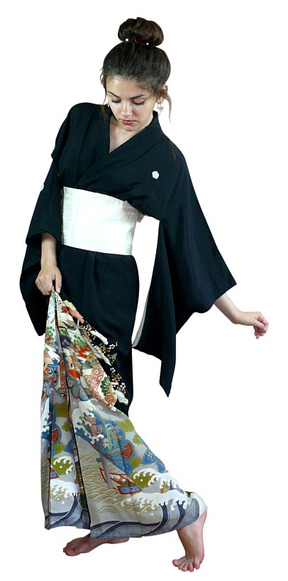японское старинное кимоно из шелка с ручной росписью и пояс-оби