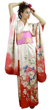 японское традиционное шелковое кимоно фурисоде