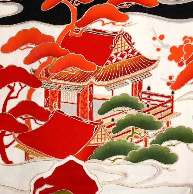 деталь росписи на старинном японском шелковом кимоно