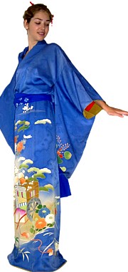 японское старинное шелковое кимоно с авторской росписью