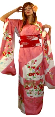 японское шелковое женское кимоно с вышивкой, винтаж