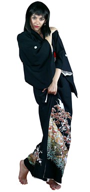 японское шелковое черное  кимоно с авторской росписью, 1950-е гг.