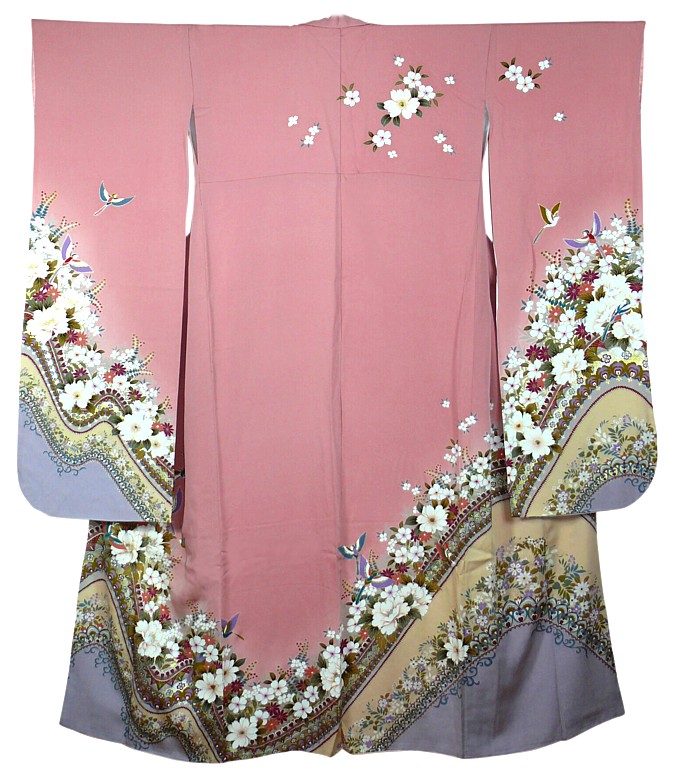 японское праздничное кимоно фурисодэ с авторской росписью